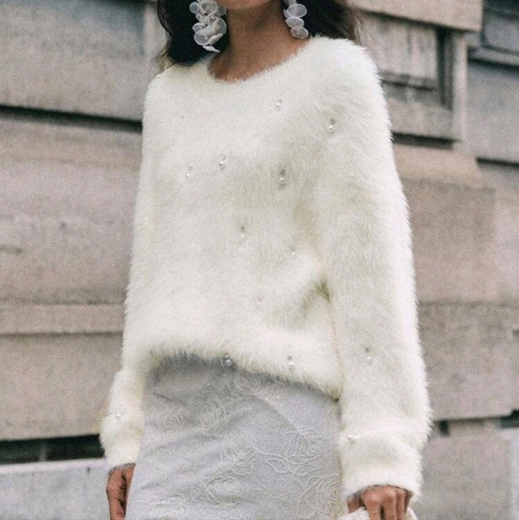 Women's Elegant Cream-White Faux Mink Fuzzy Sweater With Rhinestone Decor